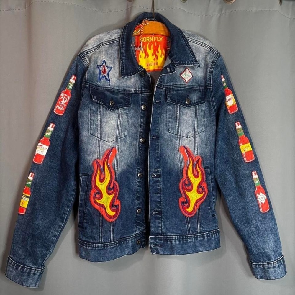 Born Fly‎ Denim Jacket Mens Medium Excellent Fly & Fuego Flame Hot Sauce Patch
